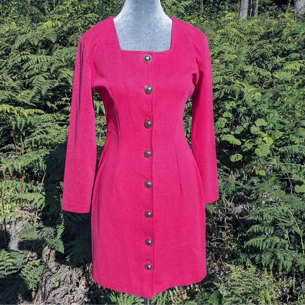 Vintage 80s 90s Sheath Dress 6 Fuchsia Pink Button Front Secretary Bodycon Mini